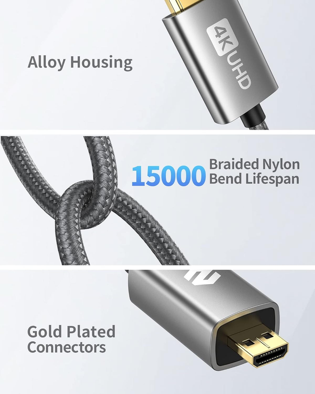 Micro HDMI to HDMI Cable 6.6ft, [Gold Plated, Sturdy Aluminum] Supports 4K@60Hz,