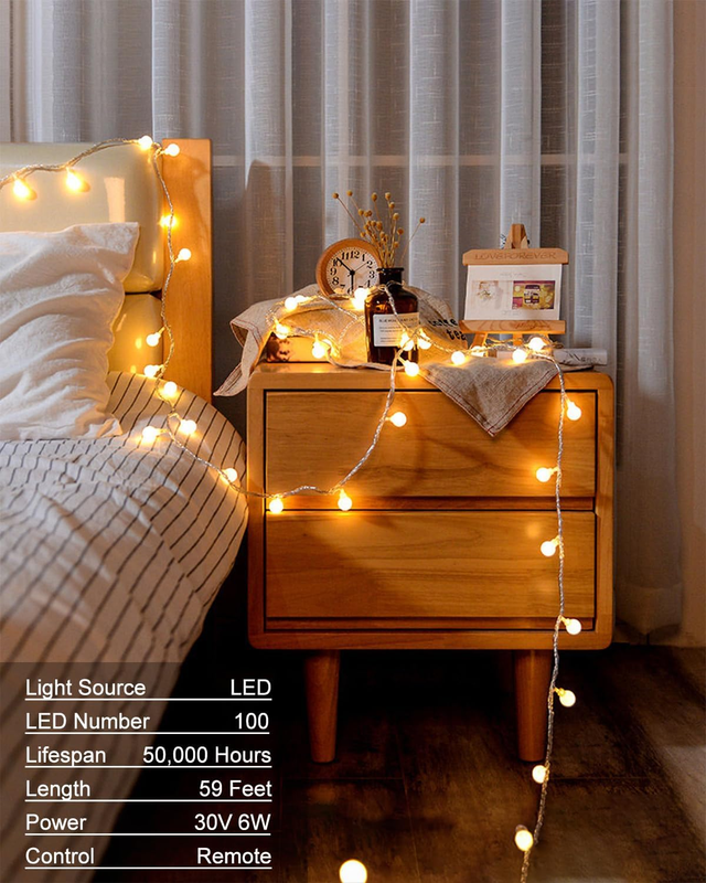 Globe String Lights 59 Ft 100 LED Fairy Lights Plug in with Remote Timer, Connec