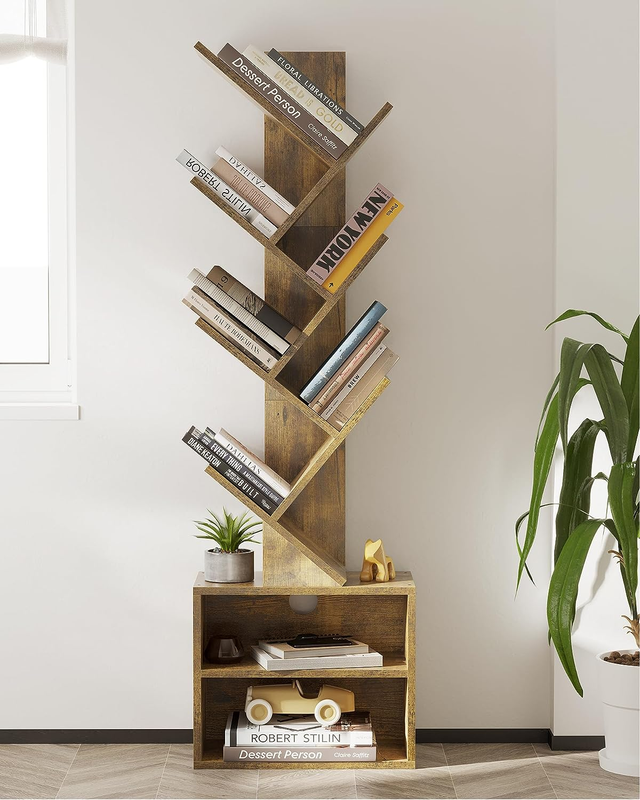 6 Tier Tree Bookshelf, Small Bookcase with Storage Cabinet, Modern Tall Narrow B