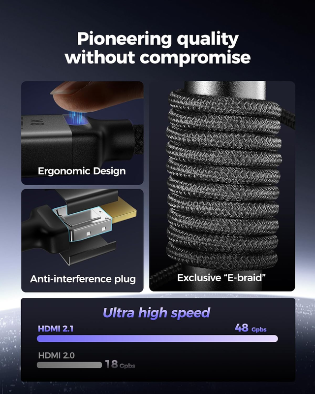 10K 8K HDMI 2.1 Cable 10ft, (Upgrade Braided) Certified Ultra High Speed HDMI Ca