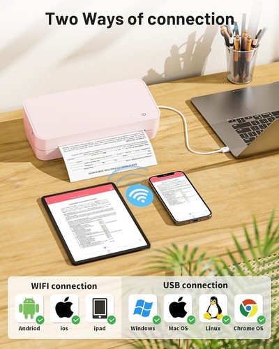 Portable Wireless Thermal Wi-Fi/Bluetooth Printer, Letter/A4/A4/A5/B5, PINK