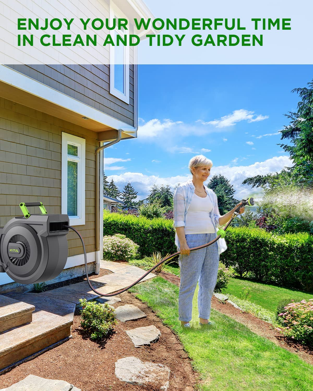 Retractable Garden Hose Reel, 5/8 Inch X 82 Ft + 6 Ft Wall Mounted Water Hose Re