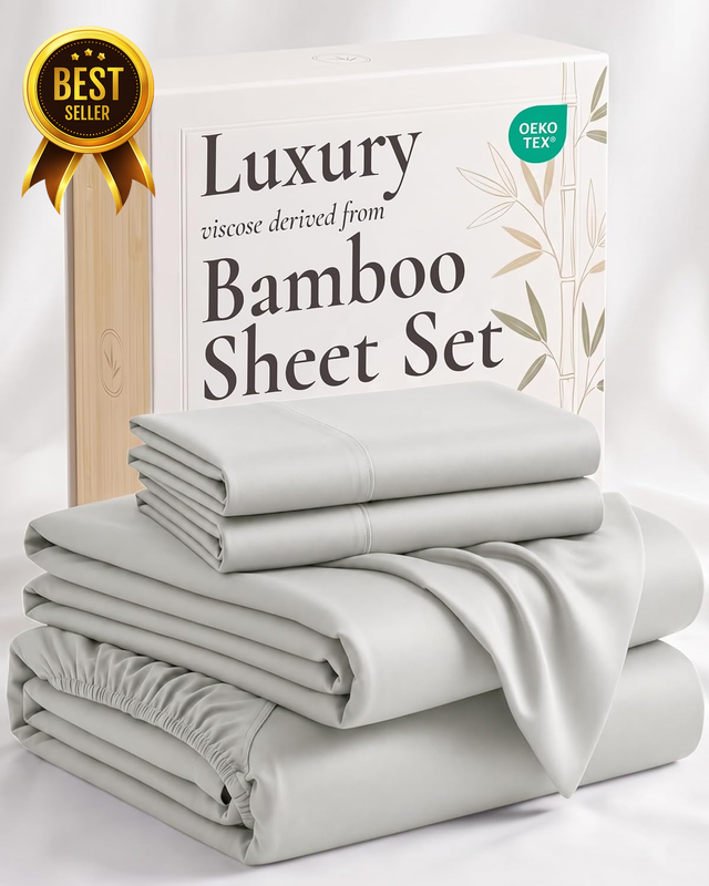 4-Piece King Bamboo-Viscose Cooling Light-Gray Deep-Pocket Sheet Set