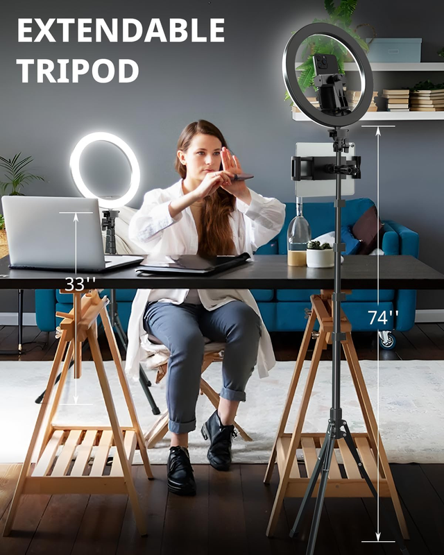 12" Ring Light with 74" Extendable Tripod Stand & iPad, Phone Holder, LED Circle