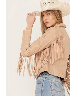 Pre-owned Mauritius Leather Women's Zoe Rf Fringe Leather Jacket - Zoe Rf Large In Beige