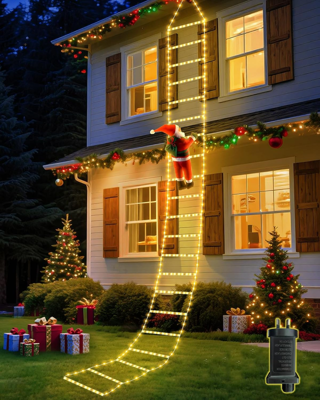Warm White Christmas Decorations LED Ladder Light with Climbing Santa Claus, 3M