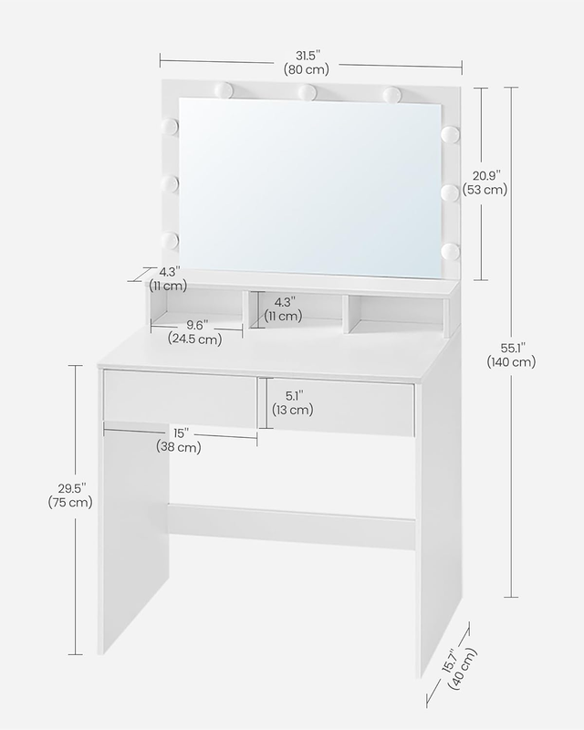 Vanity Desk with Mirror and Lights, Makeup Desk with Large Mirror, Adjustable Br