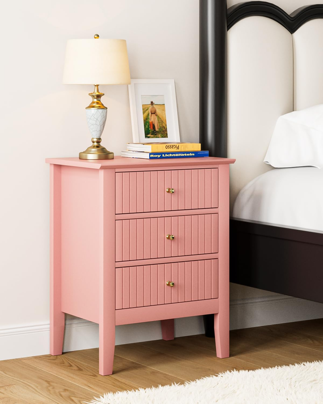 Fluted Nightstand, Farmhouse Night Stand with 3 Drawers, Mid Century Modern Side Accent Table,Bedside End Table for Bedroom, Living Room, Pink