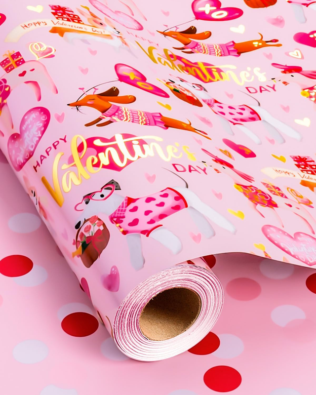 Valentines Day Wrapping Paper, Pink Heart Wrap Paper Cute Dog Gift Wrapping Roll