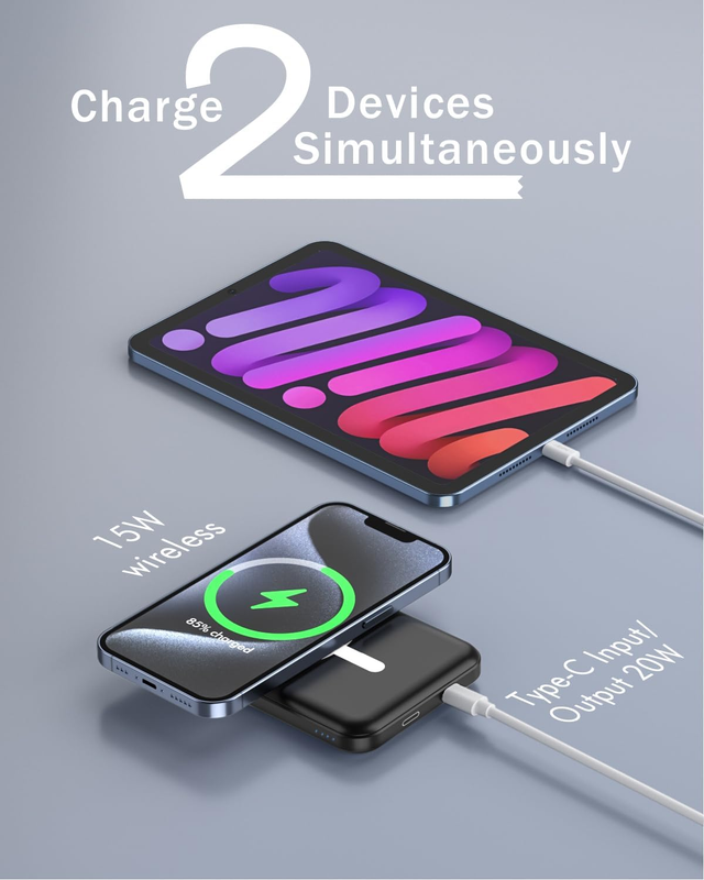 Mag-Safe Power Bank, Mini 5000mAh Magnetic Battery Pack Power Bank with USB-C Ca