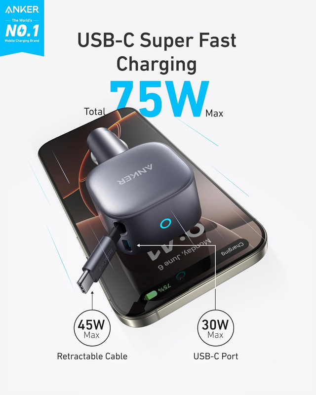 USB-C Car Charger, 75W Max Ultra-Compact Type-C Fast Car Charger with Built-in R