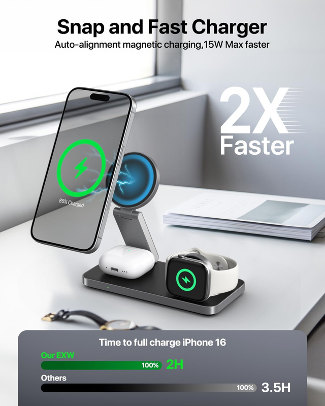 Foldable 3 in 1 Wireless Charging Station for Apple Compatible with Mag Safe Cha