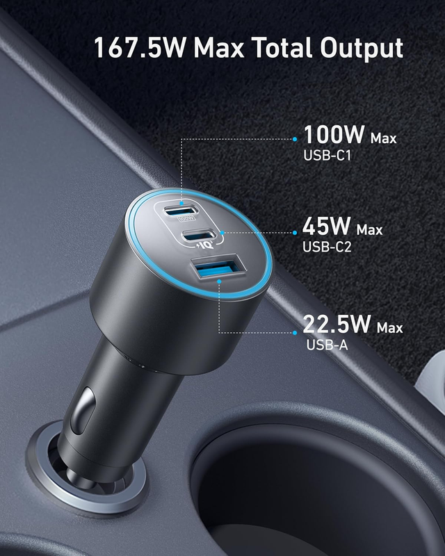 USB-C Car Charger, 167.5W Max 3-Port Ultra-Compact Type-C Fast Car Charger, for