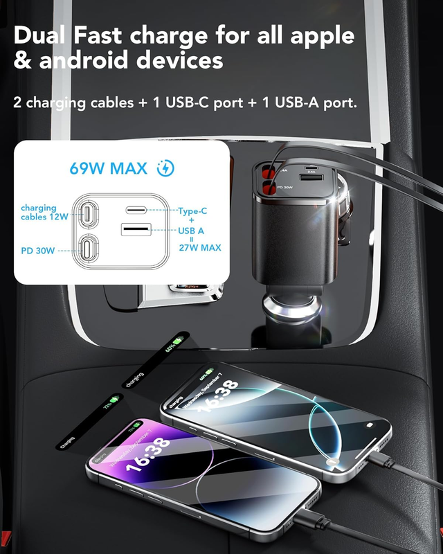 Retractable Car Charger, 4 in 1 Fast Charging Car Phone Charger 69W, Car Accesso