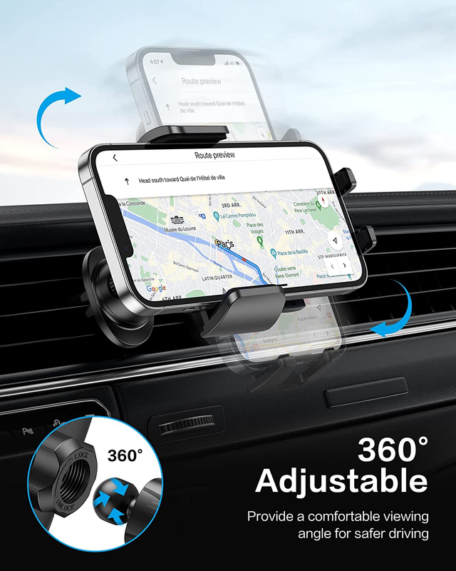 Car Phone Holder, Air Vent 360°Rotation Universal Car Phone Mount Cradle with Su