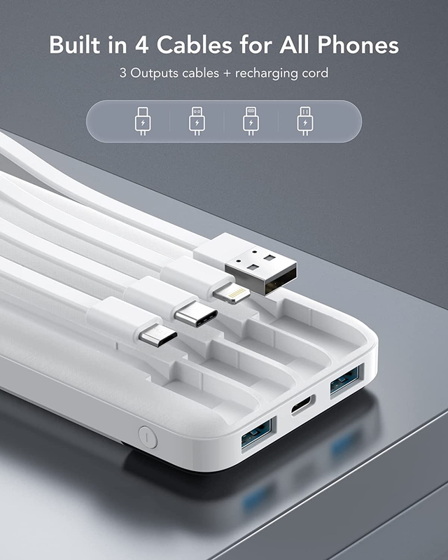 Portable Charger with Built in Cables, Power Bank with Cords Wires, Slim 10000mA