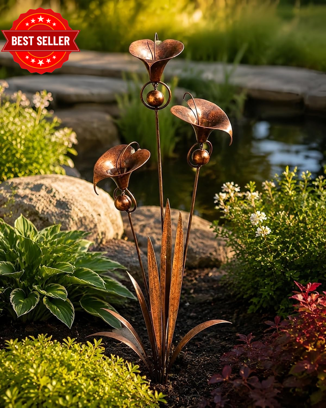 Set of 3 Flame Copper Calla Lily Garden Ornaments, Handcrafted Rusted Metal Yard