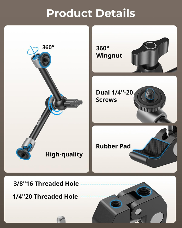 Clamp w/ 1/4" and 3/8" Thread and 11 Inches Adjustable Friction Power Articulati