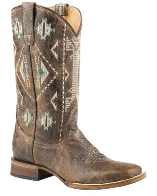 Pre-owned Roper Women's Out West Southwestern Embroidered Western Boot Broad Square Toe - In Brown