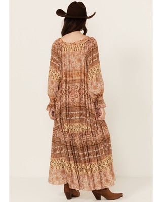 Pre-owned Spell Women's Lovers Beack Border Print Maxi Dress - 241111j Small In Pink