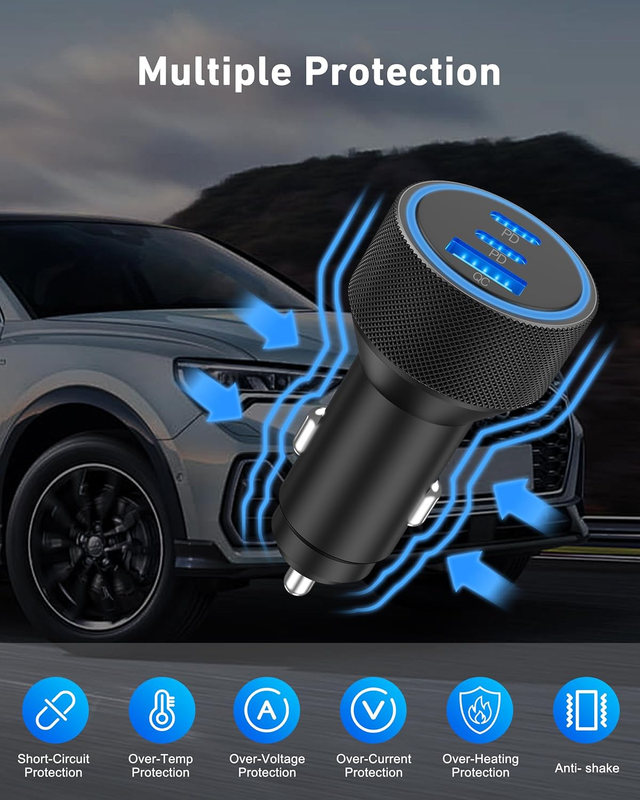USB C Car Charger, 3-Port 67W Super Fast Charging Dual USB-C & USB-A Car Charger
