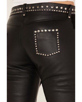 Pre-owned Understated Leather Women's Wild Cats Mid Rise Leather Flare Pants - Wpnt107400 In Black