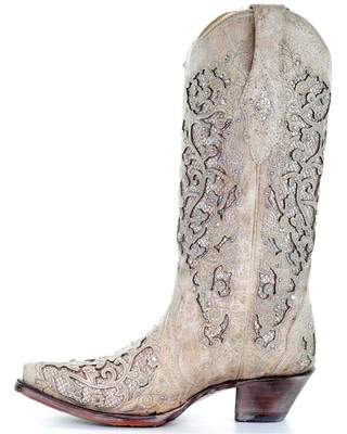 Pre-owned Corral Boots Corral Women's Glitter Inlay And Crystals Wedding Boot - Snip Toe - A3322 In White