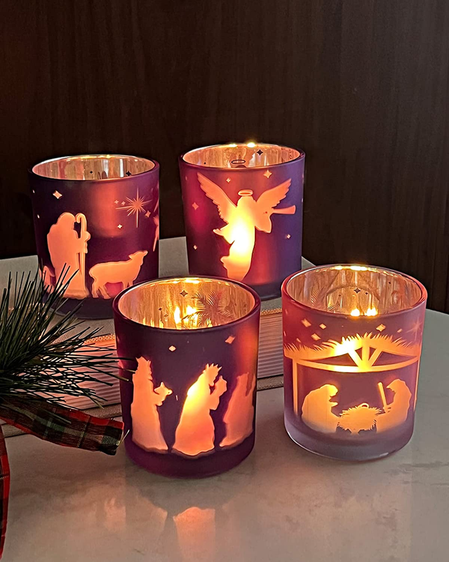Set Of 4, Christmas Votive Candle Holders, Glass Tealight H