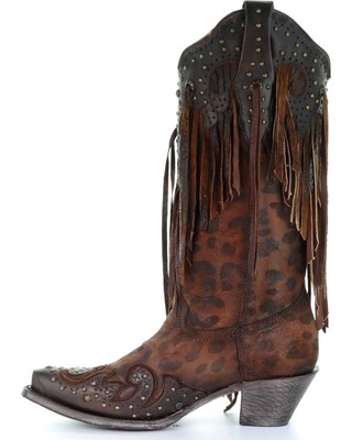 Pre-owned Corral Boots Corral Women's Leopard Stud And Fringe Western Boot - Snip Toe - A3618 In Yellow