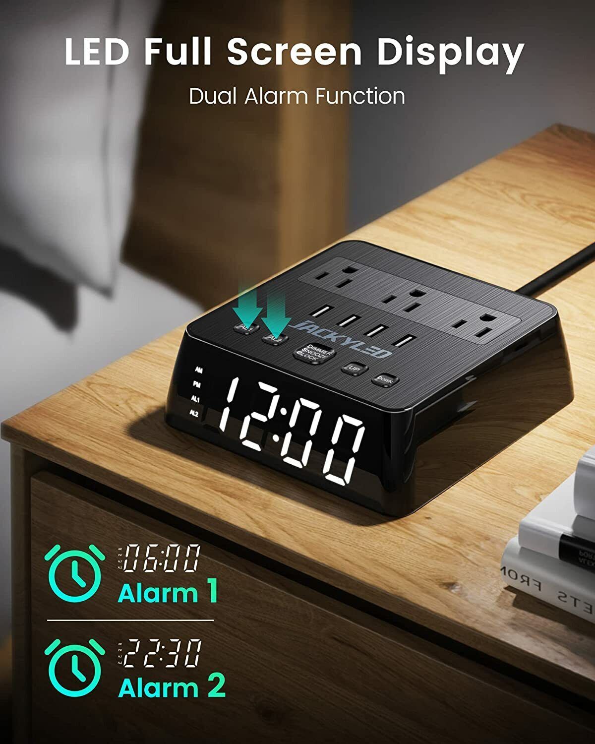 JACKYLED Surge Protector Full Screen Alarm Clock Power Strip with USB 3 Outlets