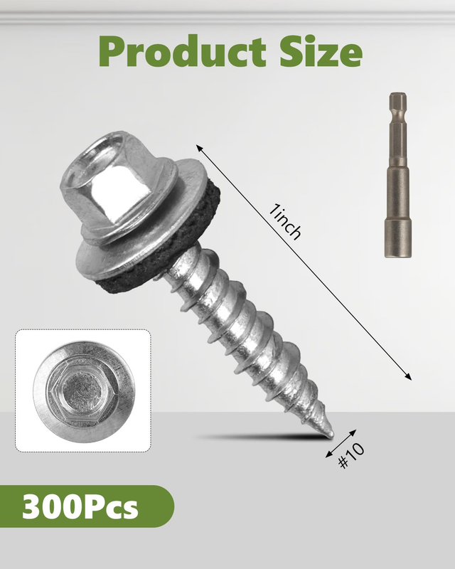 Hex Head Roofing Screws #10 × 1 Inch, 300Pcs Zinc Plated Self Tapping Metal Roof