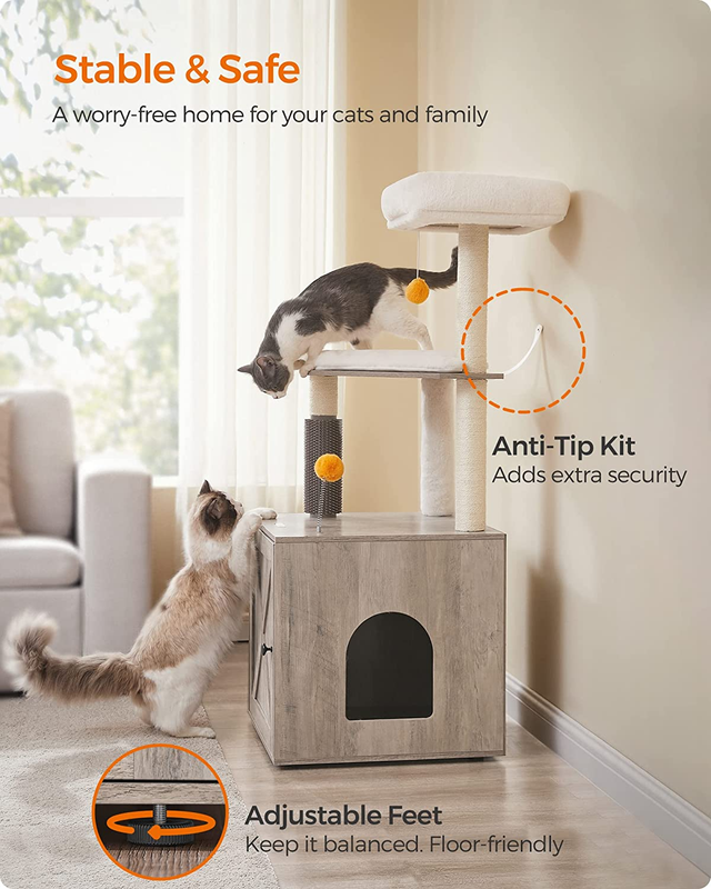 Woodywonders Cat Tree with Litter Box Enclosure, 2-In-1 Modern Cat Tower for Ind