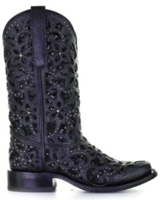 Pre-owned Corral Boots Corral Women's Inlay Embroidered And Stud Cowgirl Boot - Square Toe - A4128 In Black