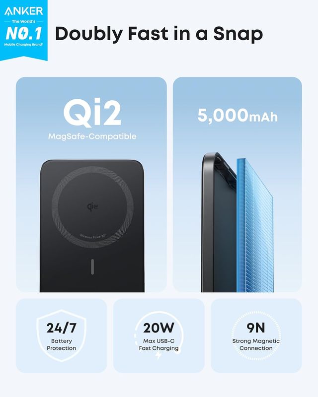 Nano Power Bank, Ultra-Slim 5,000mAh Magnetic Battery Pack, Qi2 Certified 15W Ma