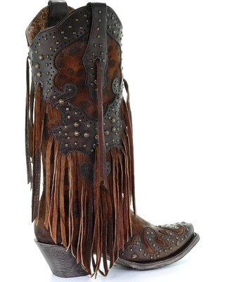 Pre-owned Corral Boots Corral Women's Leopard Stud And Fringe Western Boot - Snip Toe - A3618 In Yellow