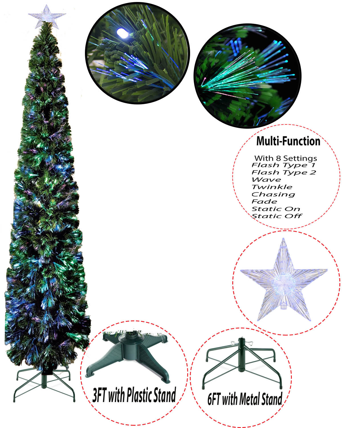 PREMIUM GREEN PINE SLIM CHRISTMAS FIBER OPTIC MULTI COLOR LEDS PENCIL