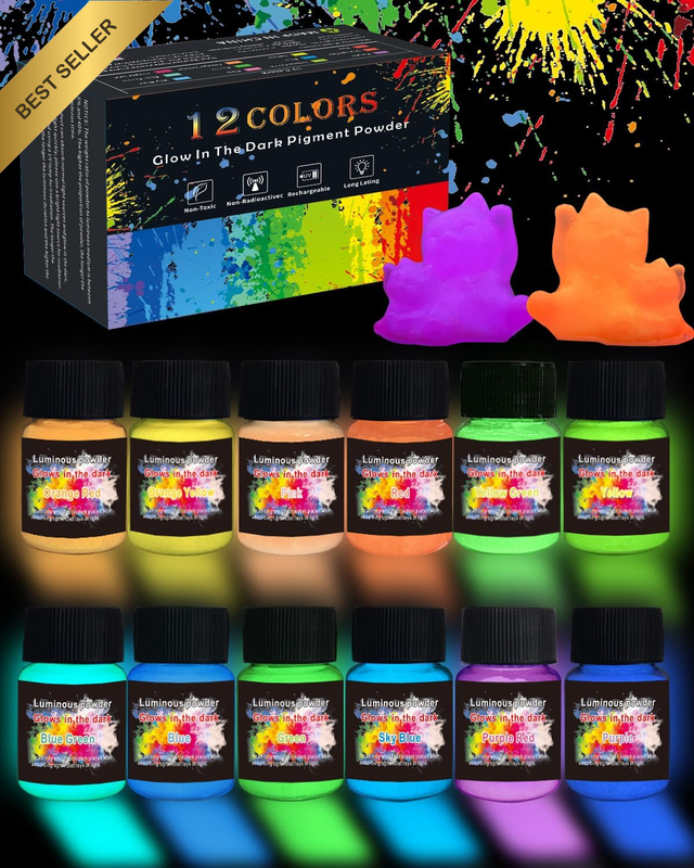 Glow in the Dark Pigment Powder 12 Colours, Epoxy Resin Dye Luminous Pigments 20