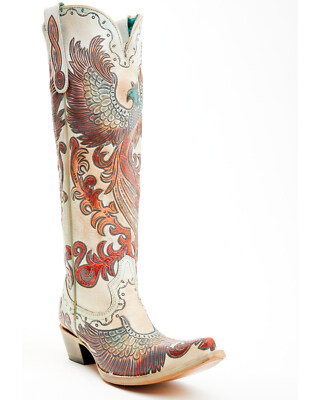 Pre-owned Corral Boots Corral Women's Fire Phoenix Hand Tooled And Painted Tall Western Boot Snip Toe In White