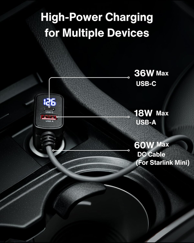 Car Charger Cable for Starlink Mini 16.5FT with Display - 12-24V Cigarette Light