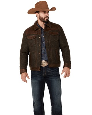 Pre-owned Scully Men's Vintage Herringbone Leather Trim Button-front Jacket - 2005-164 In Brown