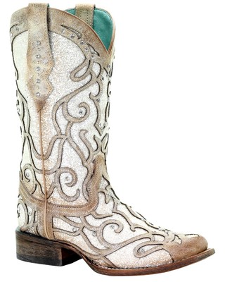 Pre-owned Corral Boots Corral Women's White Glitter Inlay Western Boot - Square Toe - C3482
