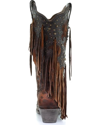 Pre-owned Corral Boots Corral Women's Leopard Stud And Fringe Western Boot - Snip Toe - A3618 In Yellow
