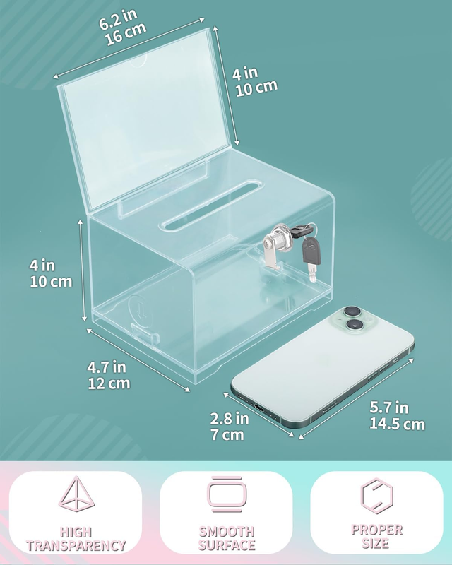 Acrylic Donation Box with Lock and Sign Holder 6.2" x 4.7" x 4" Ballot Box with