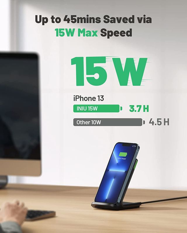 Wireless Charger, 15W Qi Certified Fast Wireless Charging Stand with Sleep-Frien