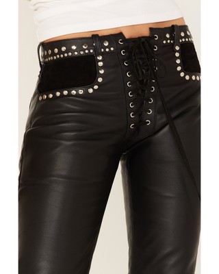 Pre-owned Understated Leather Women's Wild Cats Mid Rise Leather Flare Pants - Wpnt107400 In Black