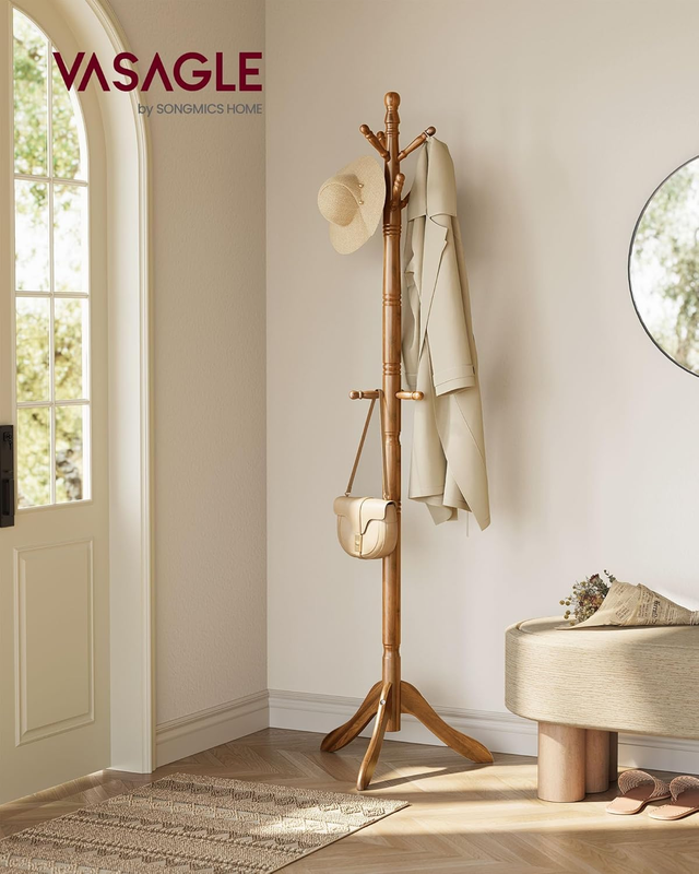 Coat Rack, Solid Wood Coat Stand, Free Standing Hall Coat Tree with 10 Hooks, Da
