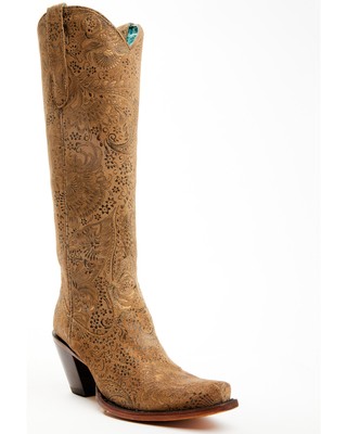 Pre-owned Corral Boots Corral Women's Stamped Floral Suede Tall Western Boot - Snip Toe Sand 9 M In Beige