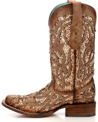 Pre-owned Corral Boots Corral Women's Orix Glitter Inlay And Studded Western Boot - Square Toe - C3275 In Brown