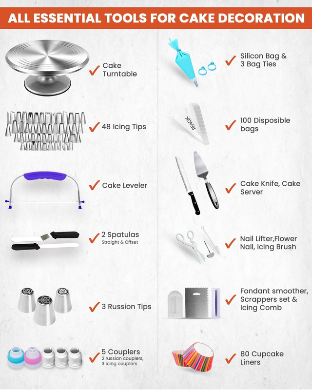 250 PCs Aluminum Cake Decorating Kit with 12" Cake Turntable - 48 Numbered Pipin
