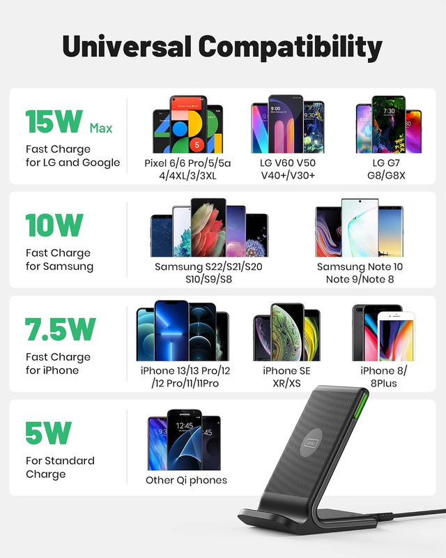 Wireless Charger, 15W Qi Certified Fast Wireless Charging Stand with Sleep-Frien